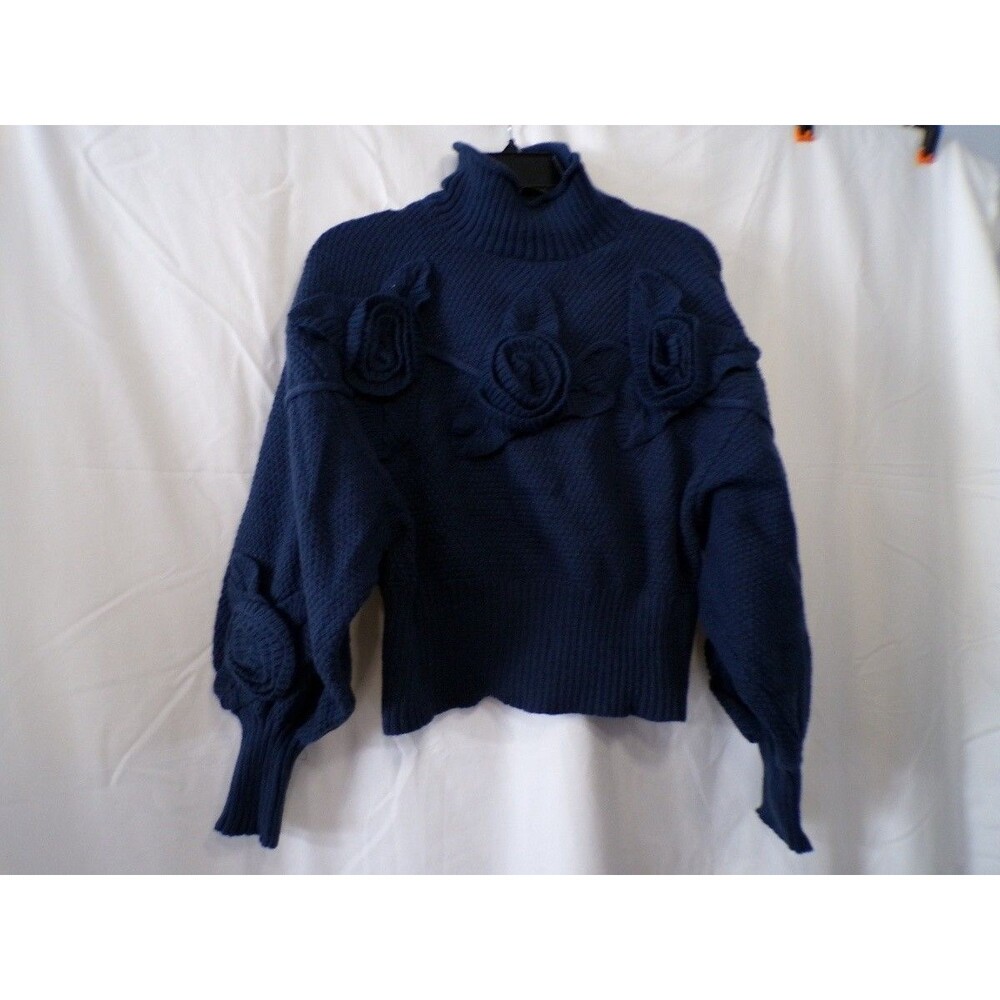 Navy Turtleneck Pullover Sweater XS Floral Appliqué Puff Sleeve